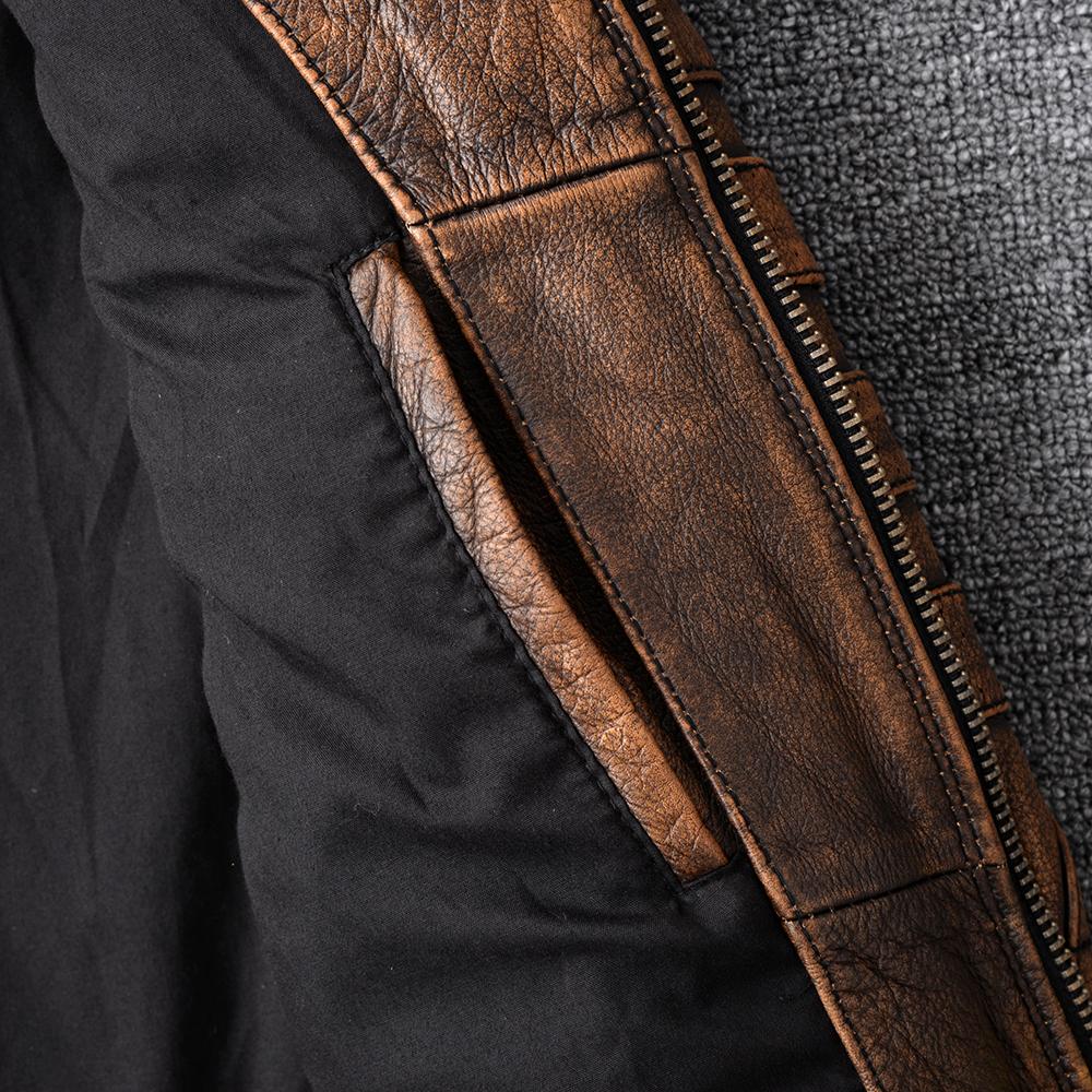 Vintage Yellow Brown Genuine Cowhide Leather Jacket Men Natural Cow Leather Jackets Soft Slim Fit Man Short Coat Autumn Clothing