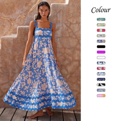 Damen Frühling Ärmelloses Kleid mit Blumendruck Wave Straps Camisole Sommer Casual Knöchellang Hohe Taille Swing Kleider S-XL