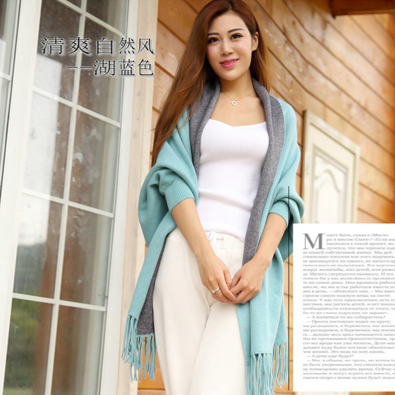 Women'S Double-Sided Shawl, Scarf, Dual-Purpose Fringed Thickened Long-Sleeved Cashmere-Blend Cape Jacket