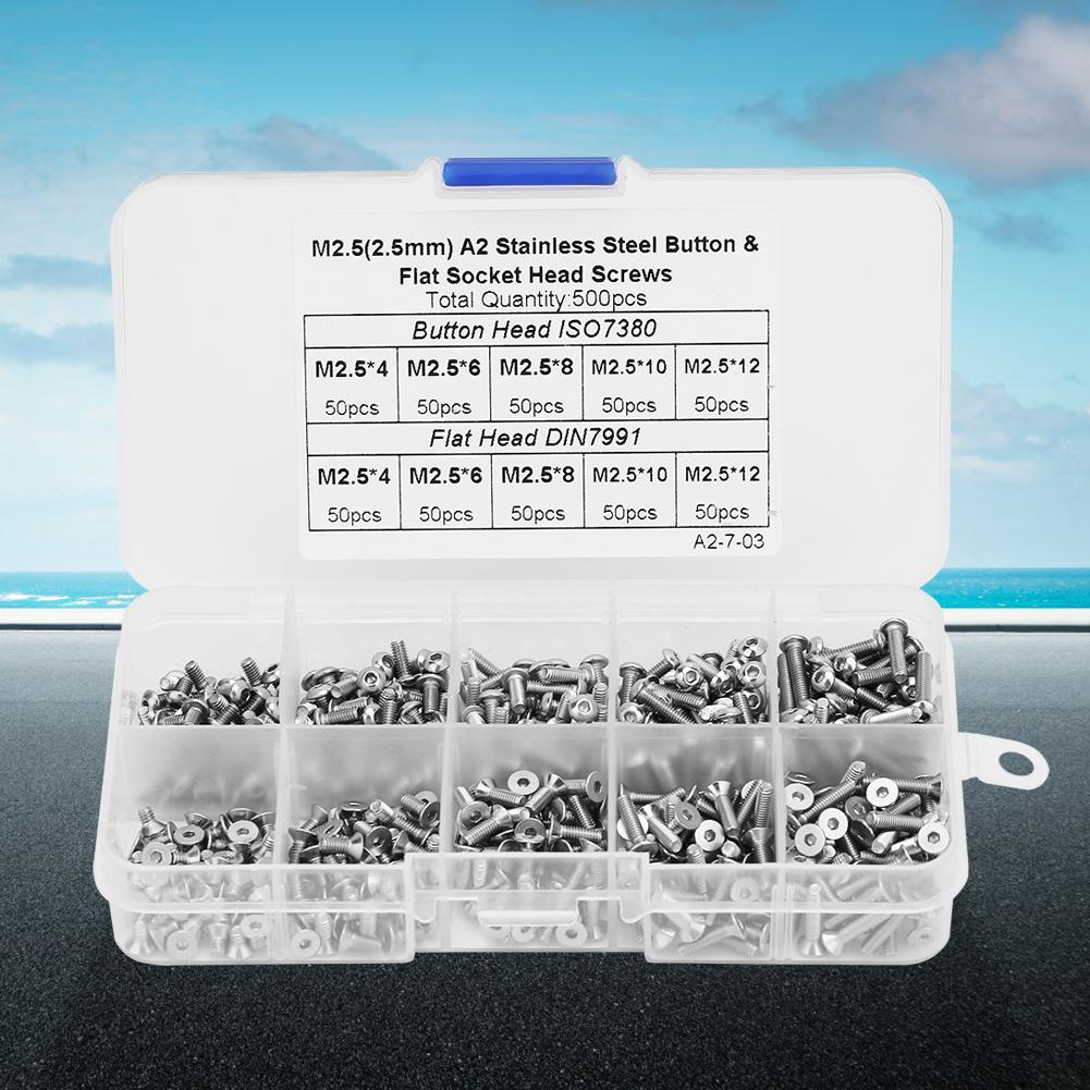 500pcs 1 Box M2.5*4\M2.5*6\M2.5*8\M2.5*10\M2.5*12 Button TFlat Head Hex Socket Screw Set
