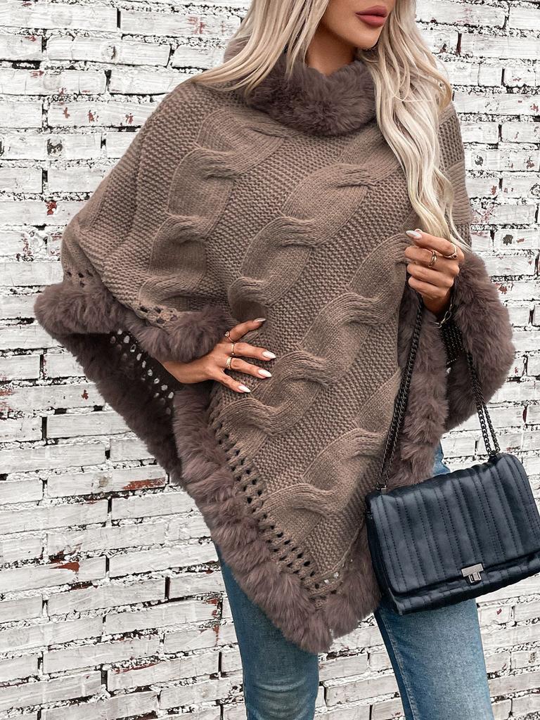 Women's Autumn and Winter Large Size Sleeve Knitted Wool Collar Thickened Thick Crest Shawl Loose Sweater Cape Top Women 6 Colors