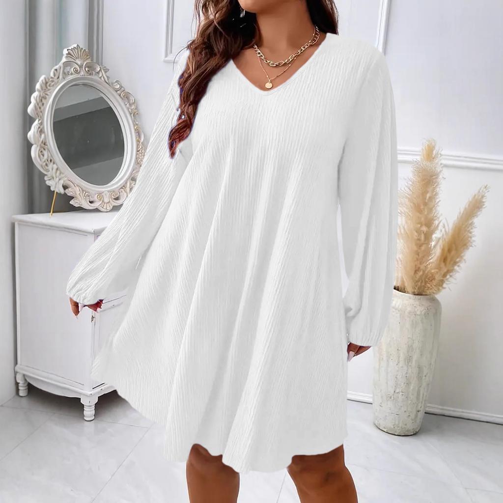 Women Fashion V Neck Long Sleeve Loose Plus Size Midi Dress