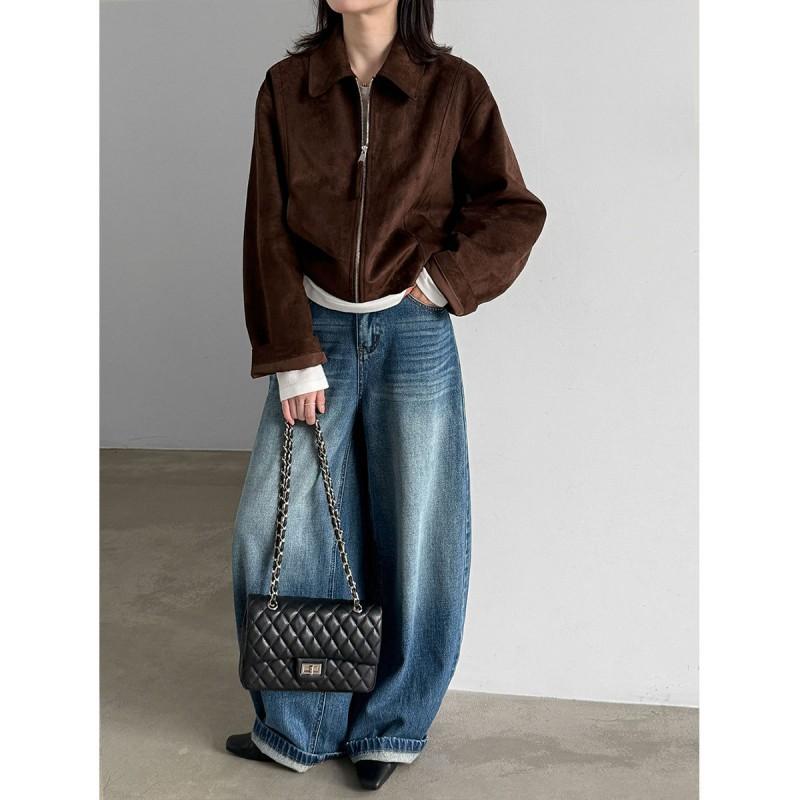 Womens Suede-Like Vintage Collar Short Jacket Fall 2026 Casual Slim Fit Outerwear In Coffee Brown