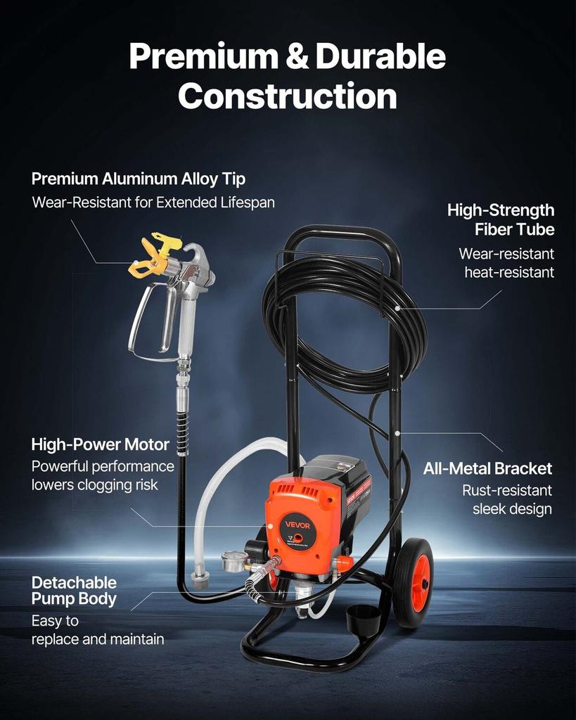 Stand Airless Paint Sprayer, 900W, 3300PSI High Pressure Airless Sprayer with Cart, Cleaning Brush, Hose, Extension Rod, Nozzles, Electric Spray Paint