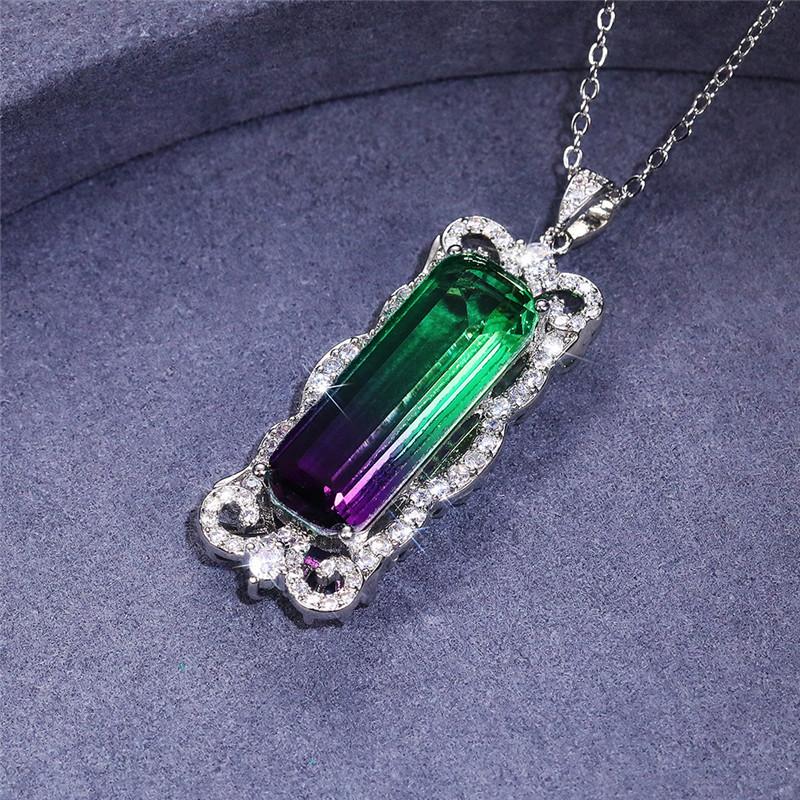 Silver Plated Baguette Cut Gradient CZ Pendant Necklace, Ornate Scrollwork Frame Cable Chain Necklace for Women