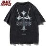 Schwarze Quelle Oversize Mode Herren Grafik T-Shirt Säurewaschung T-Shirt Sommer Vintage Unisex High Street Kreuzmuster