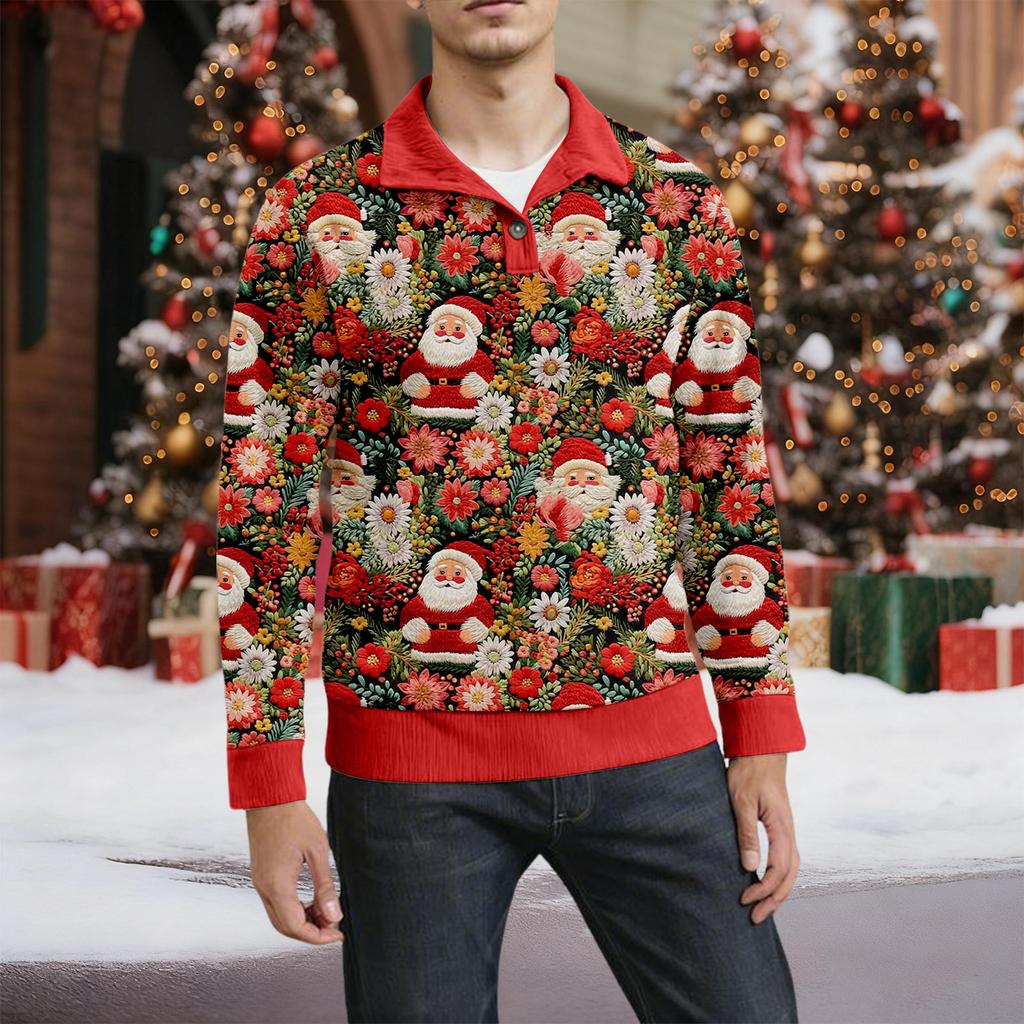 Ανδρικό Χριστουγεννιάτικο Βαμβακερό Πουλόβερ Μακρυμάνικο Εξωτερικού Χώρου Πουκάμισο Vintage Κορδούρα Κουμπωτό Όρθιος Γιακάς Πουκάμισο Casual Φούτερ Χριστουγεννιάτικο Πριτ Τοπ