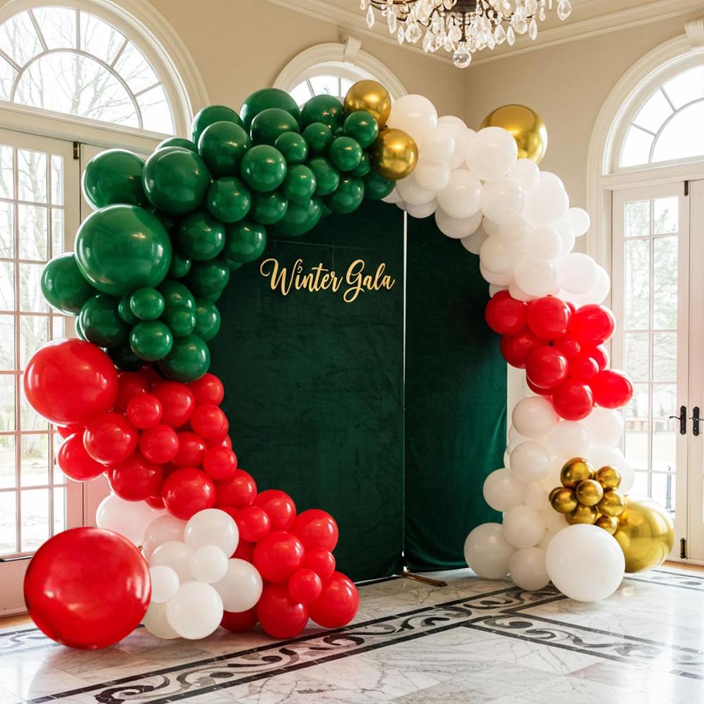 104 red, green, white, and gold balloon garlands, Christmas happy balloon arch decorations, holiday party background decorations