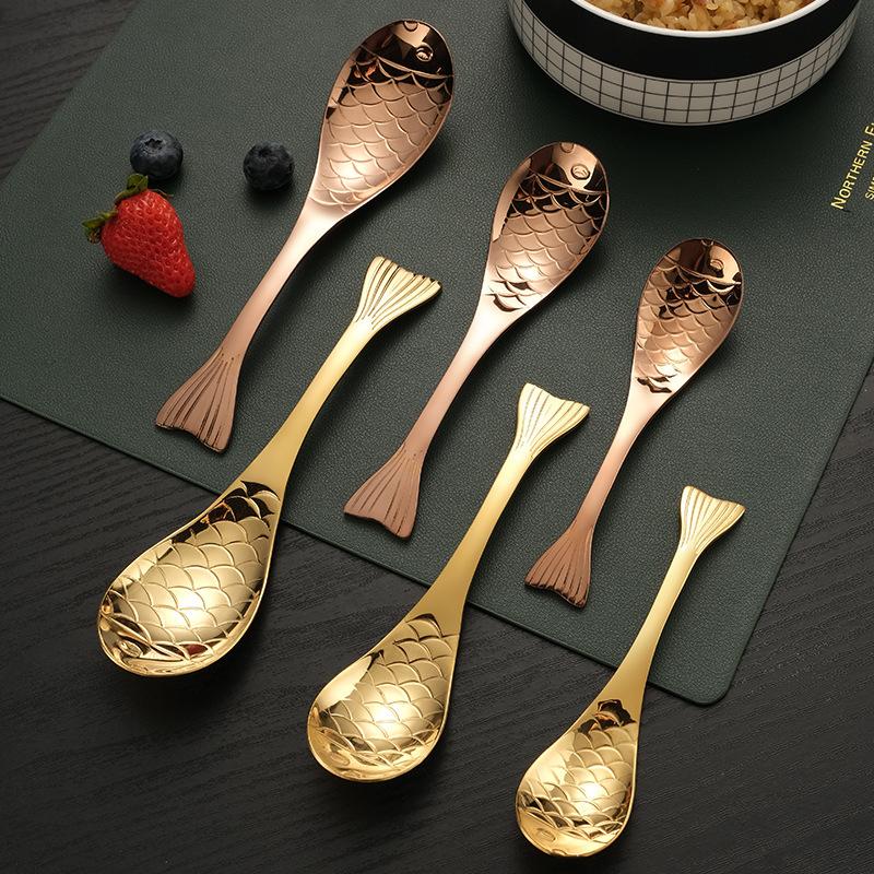 304 Stainless Steel Spoon Spoon Creative Fish-Shaped Cartoon Fish Spoon Dessert Spoon Rice Spoon Gold-Plated Stirring Spoons