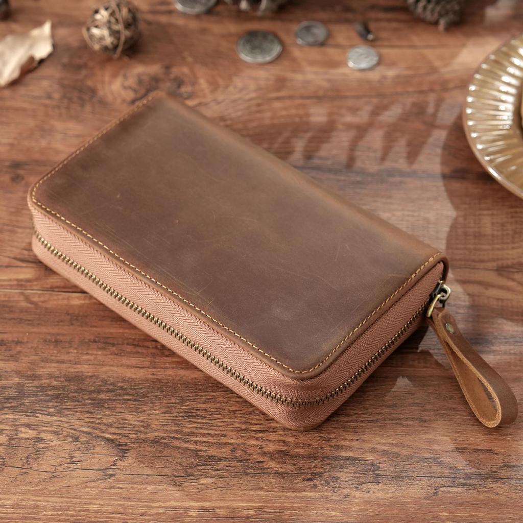 Crazy Horse Rindsleder Retro 10-Schlitz Füllfederhalter-Etui mit Reißverschluss
