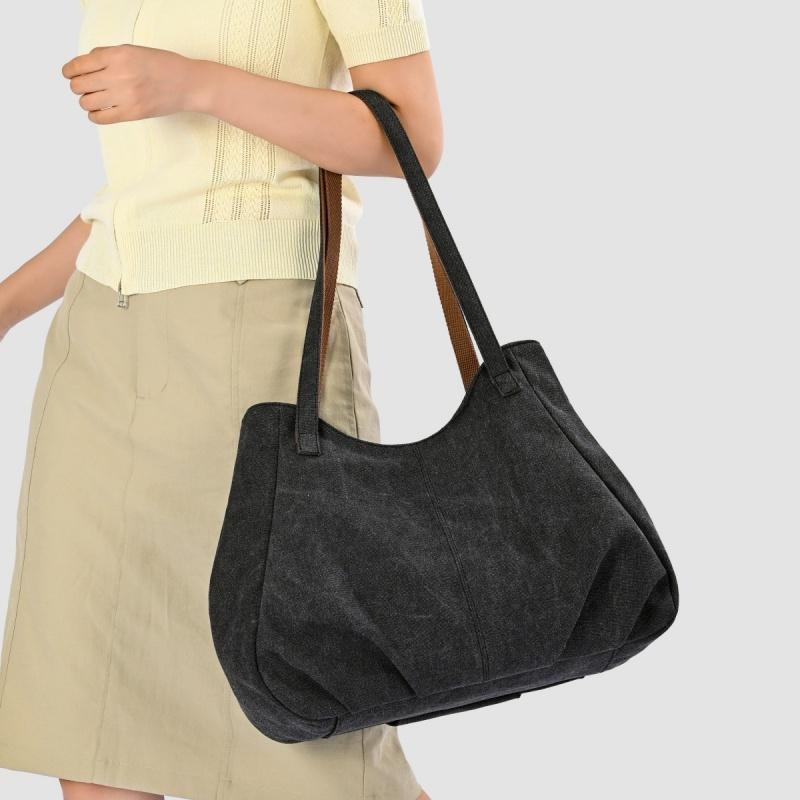 Lässige Canvas-Tragetasche mit gefaltetem Frontdesign Lange Schultergurte Große Kapazität Shopper-Tasche für den täglichen Gebrauch