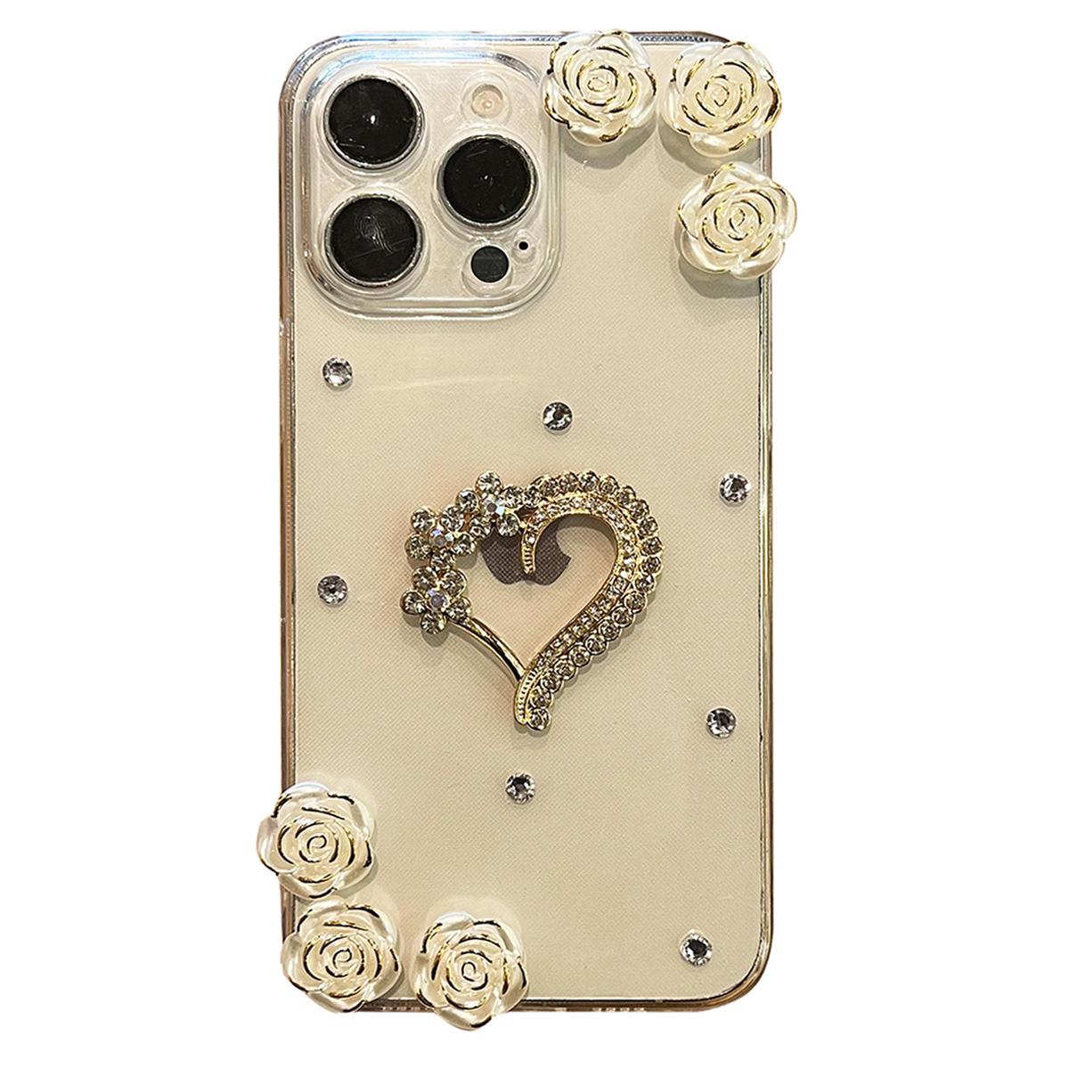 

For iPhone 16 Pro Case Rhinestone Heart Rose Decor Soft TPU Clear Phone Back Cover A