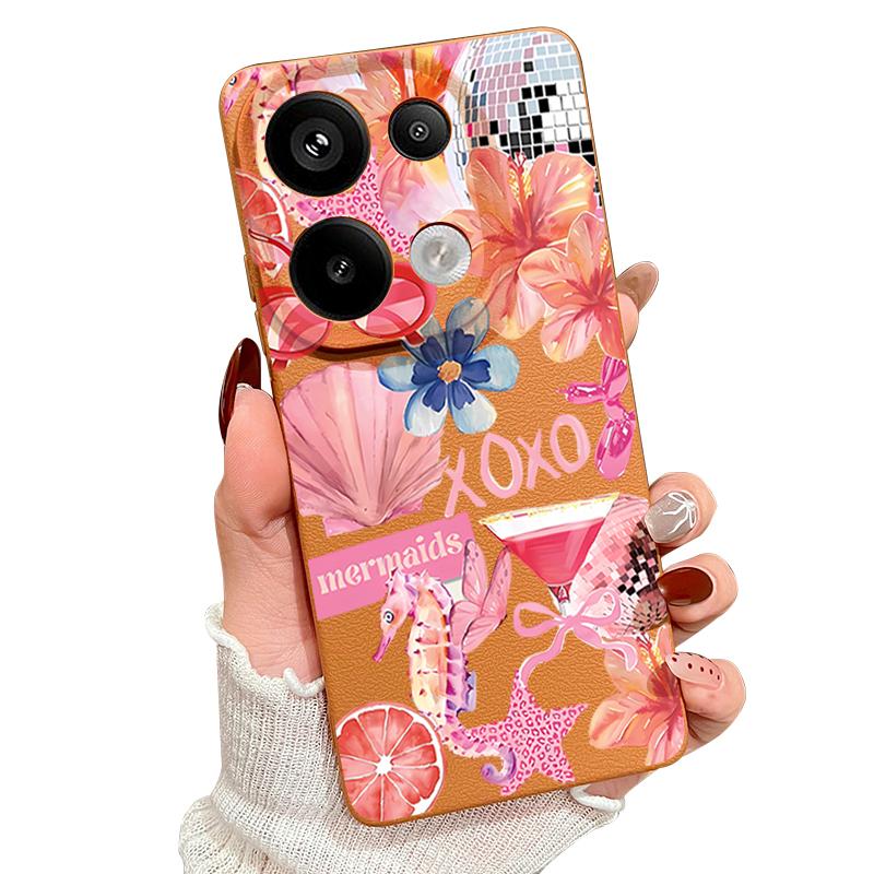 Růžový Kreslený Vzor Květinový Kryt Pro Xiaomi Redmi Note 14 13 Pro 5G 4G 12 11 Pouzdro Xiaomi 14T 13T 11T Pro Kožená Textura Silikonový Kryt