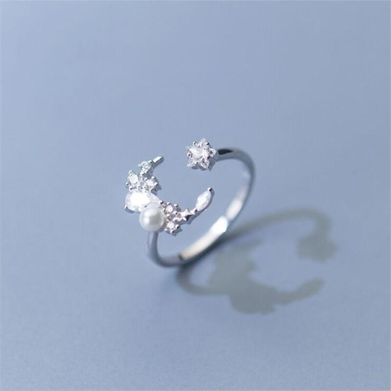 

New Fashion Crystal Star Pearl 925 Sterling Silver Jewelry Temperament Personality Moon Sweet Opening Rings TYB069
