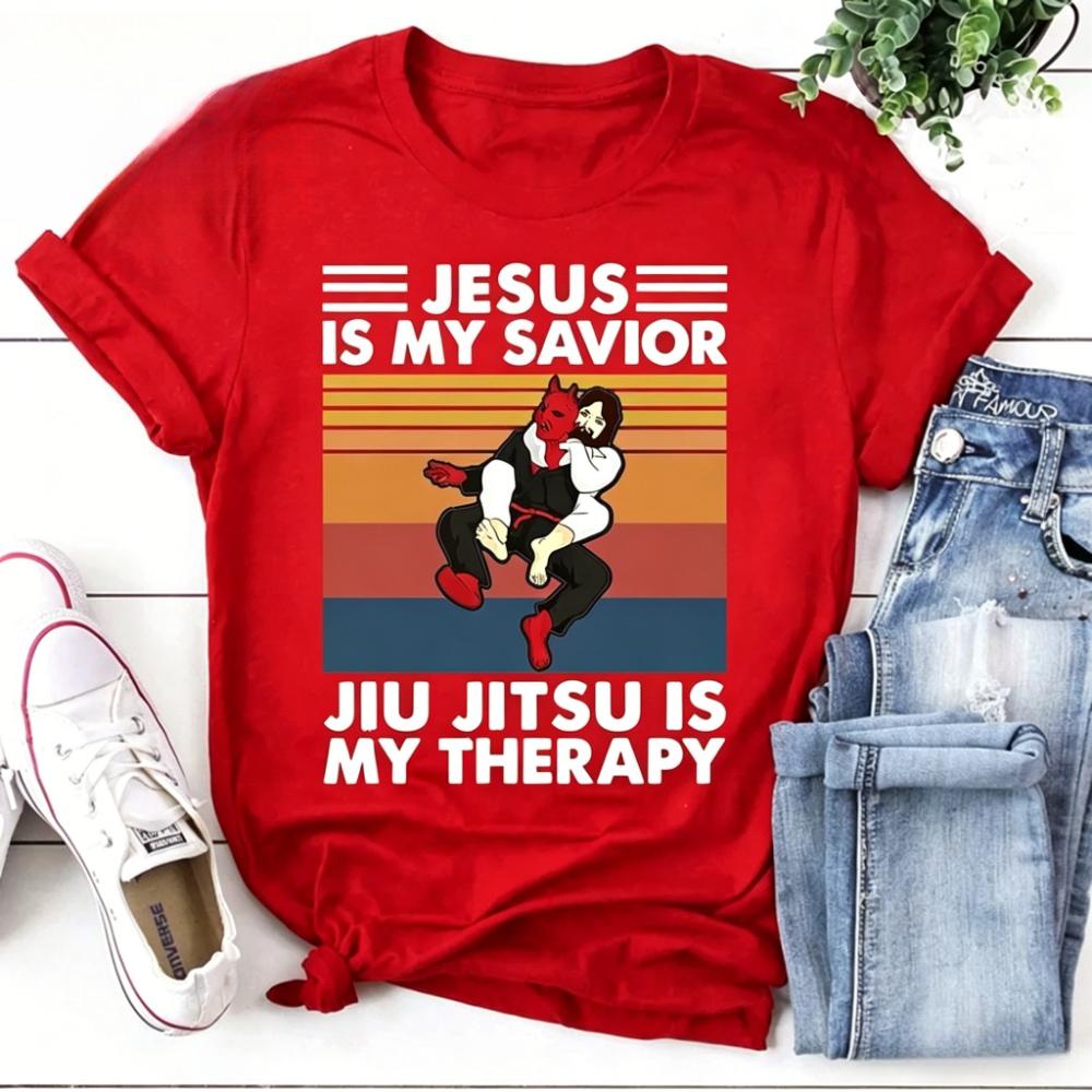 Jesus Is My Savior Jiu Jitsu Is My Therapy Funny Christian Gift Bjj Shirt Funny Jesus and Satan TShirt Vintage T-Shirt