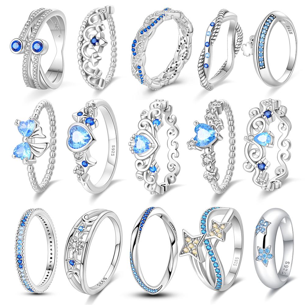 Retro 925 Sterling copper Sapphire Heart&Crown&Star Palace Pattern Ring Romantic Zircon Accessories