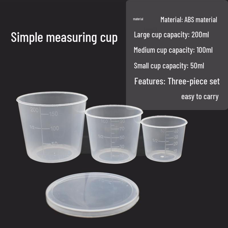 Trzyczęściowy plastikowy zestaw kubków miarowych z pokrywkami i podziałką - 200 ml, 100 ml, 50 ml