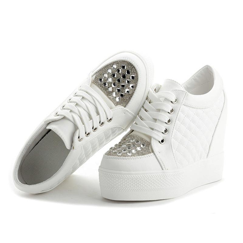 

Женские модные кроссовки из натуральной кожи на весну-осень, белые туфли, увеличивающие рост на 11 см, брендовые женские туфли на плоской платформе 34 белый