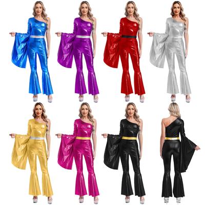 Womens 60 70s Disco Costume Hippie Outfits Halloween Carnival Party Hip-hop Dance Costumes Shiny Metallic Bodysuit Jumpsuit