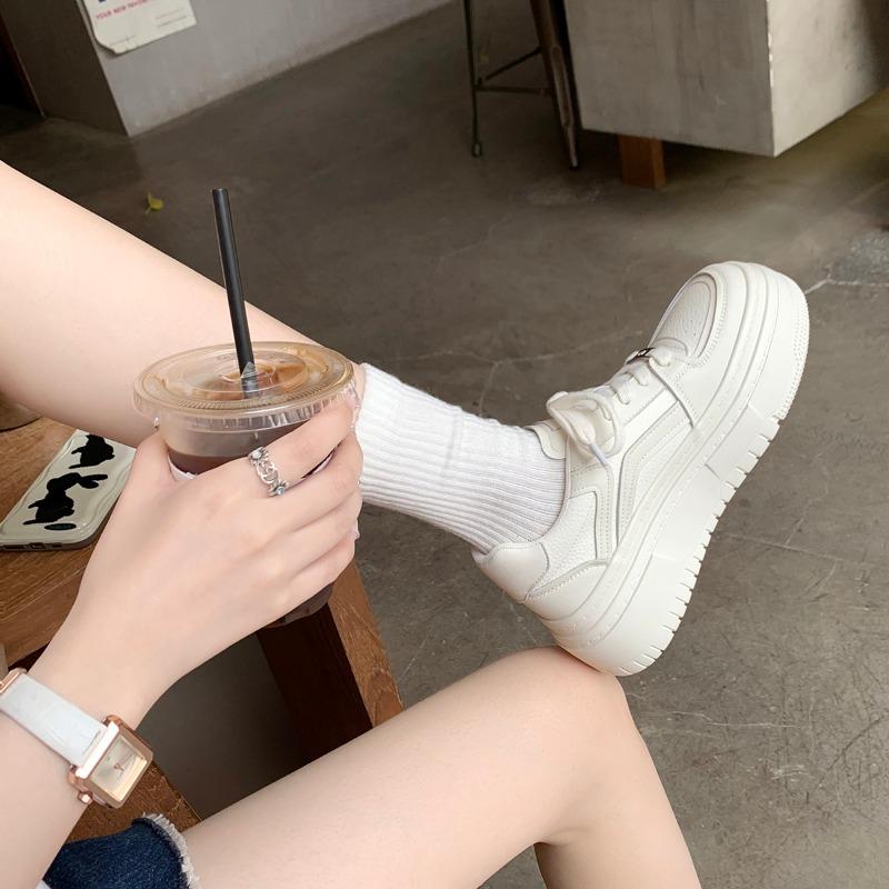 ~ Round Head Lace-up Leather Little White Shoes Thick Sole Heightening Versatile Low-top Casual Board Shoes Women