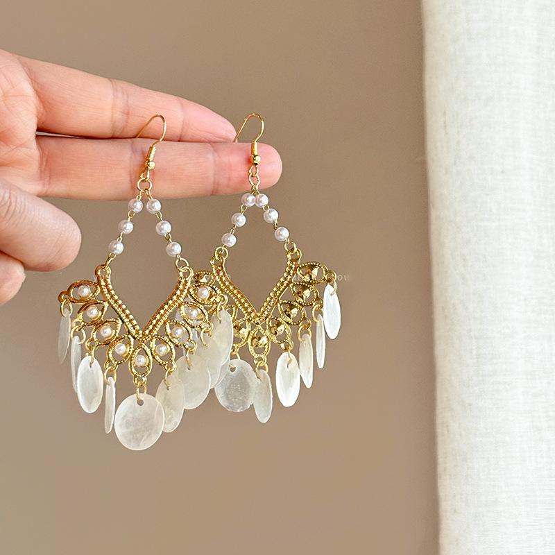 Shell Tassel Earrings Dangle Drop Earrings with Filigree Metal Frame and Round Shell Discs Lightweight Statement Jewelry for Women