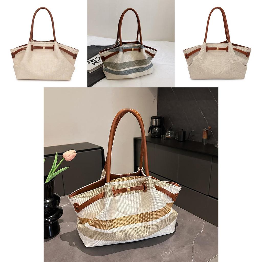 Lerretspose for kvinner, stor kapasitet, sommer, uformell stil, ensfarget, plissert design