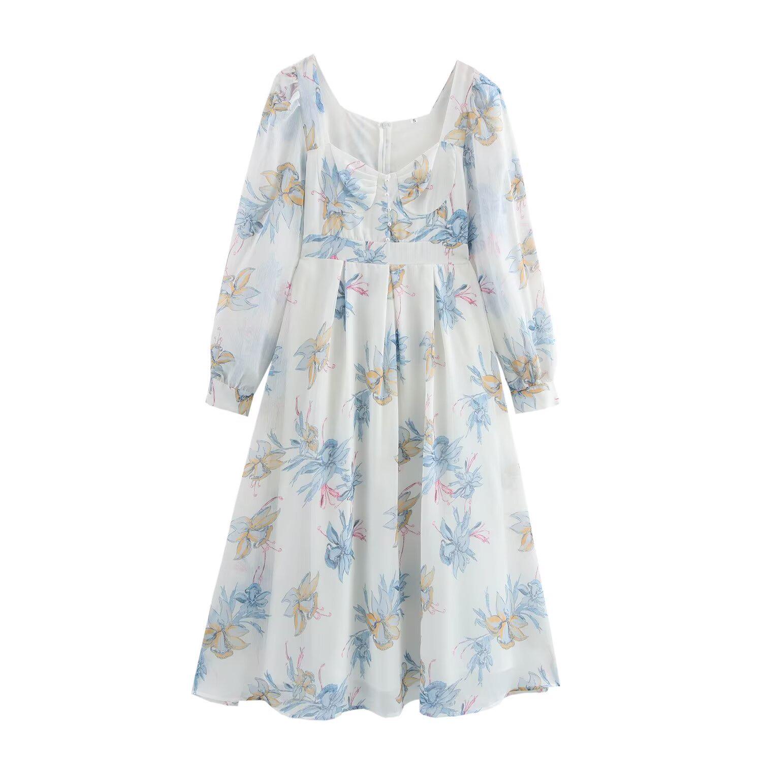 

2025 Spring Women s European & American Style Casual Chiffon Square Neck Printed Long Dress Small цветочный