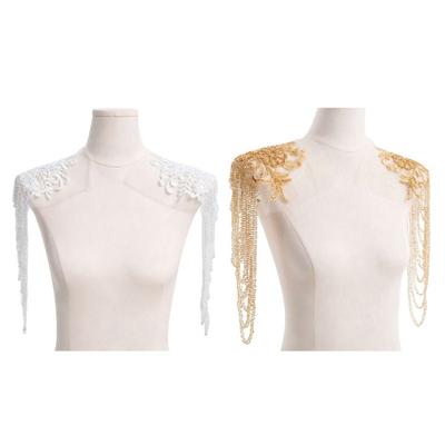 Gold White Color Bead Embroidery Chain Detail Flower Design Sequin Relief Embroidery Patch Lace Applique Tassel Shoulder