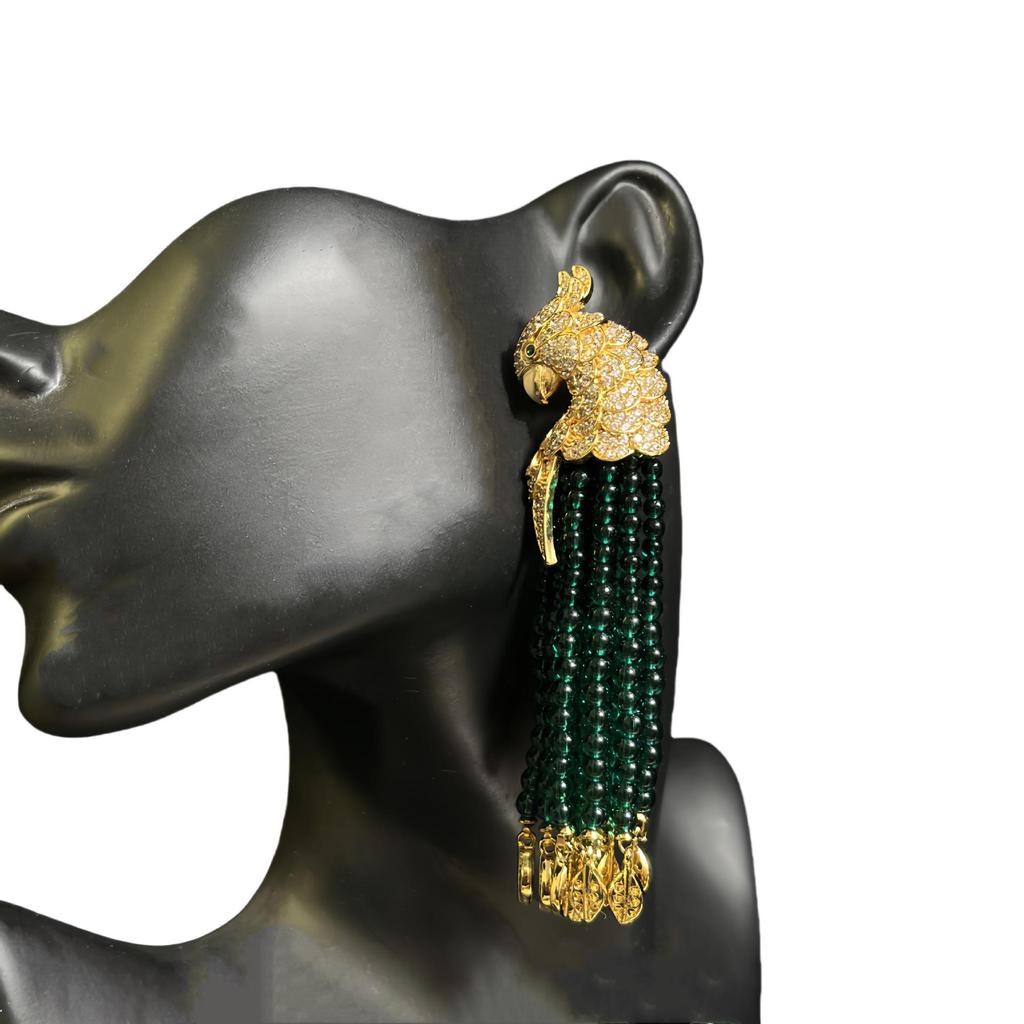 Vintage Zircon Parrot Earrings with Red Tassels and Detailed Craftsmanship