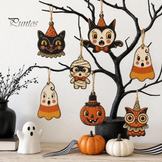 Black Cat Mummy Wooden Tree Pendants 6Pcs Vintage Halloween Ornaments for Decorations, Pumpkin Wood Cutout Pastoral Cute Indoor Decor Owl Hanging