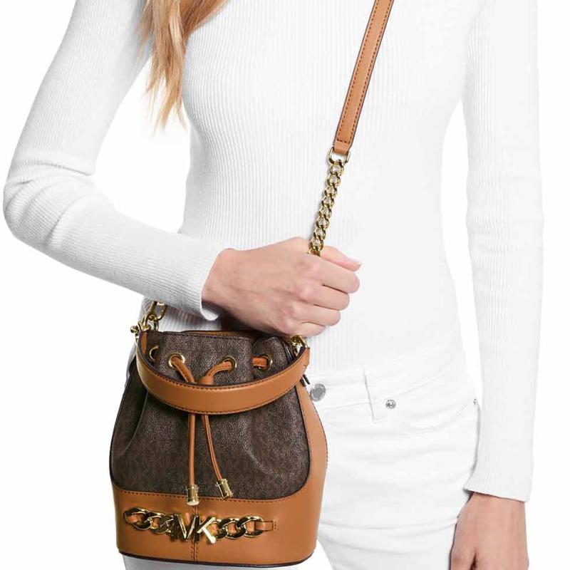 Michael Kors Mk Devon Classic Monogram Color-Blocked Chain Commuter Fashion Drawstring Coated Canvas Bucket Bag Women bags 30S2GDVS2B-252