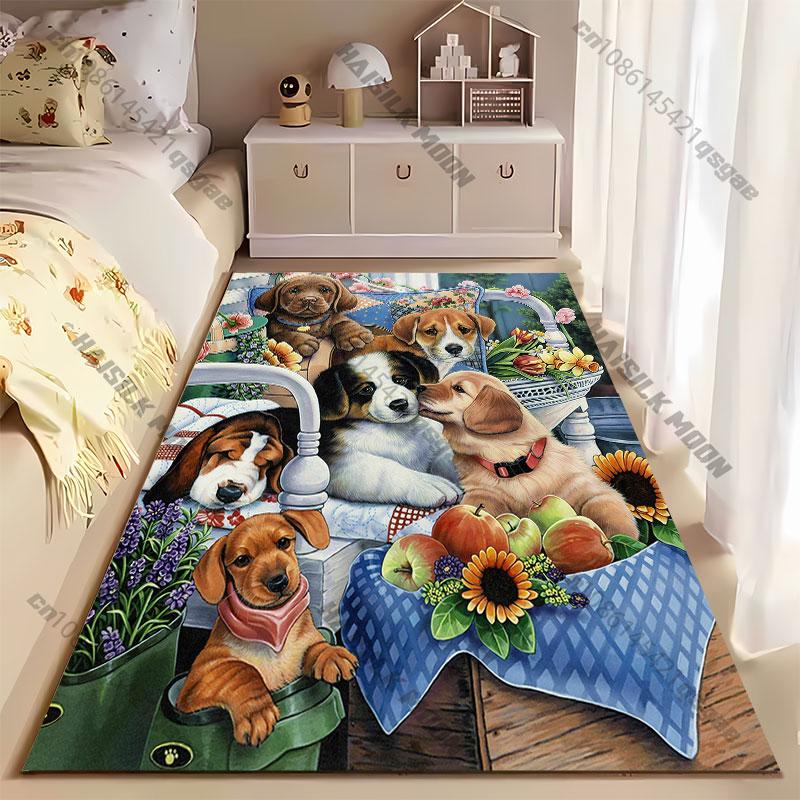 Welpen Blumen Früchte gemütliche Szene Teppich Yoga Wohnzimmer Zimmerdekoration Krabbelmatte für Kinder Fußmatte Bereichsteppich Spielmatte