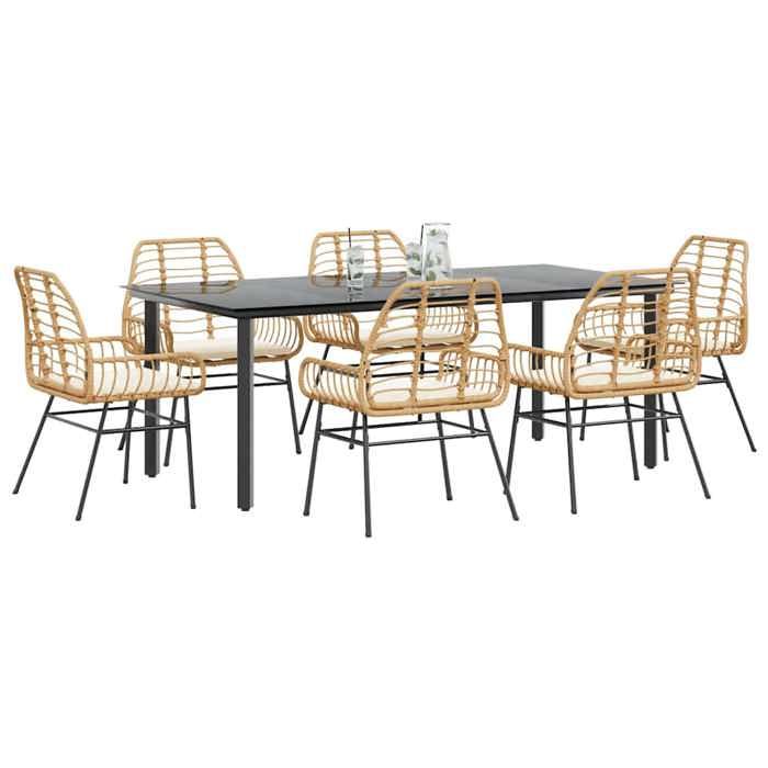 VidaXL Ensemble à manger jardin coussins 7pcs marron poly rotin verre, ensemble à manger d'extérieur, meuble à manger de 3334560