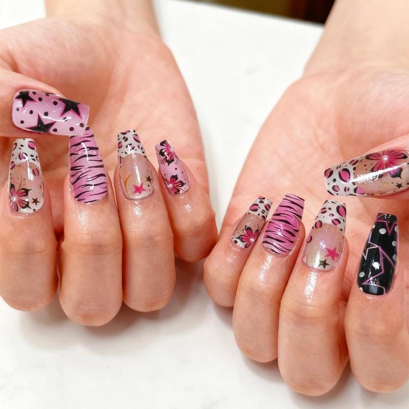 24PCS Y2k Dark Medium Square False Nails Black Lace Cross French Polka Dot Press on Nails 3D Metallic Silver Bow Heart Nail Tips