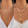 3pcs Set Sweet Temperament Bowknot Heart Shaped Pendant Imitation Pearl Beads Fold Wear Necklace for Women Bride Wedding Jewelry