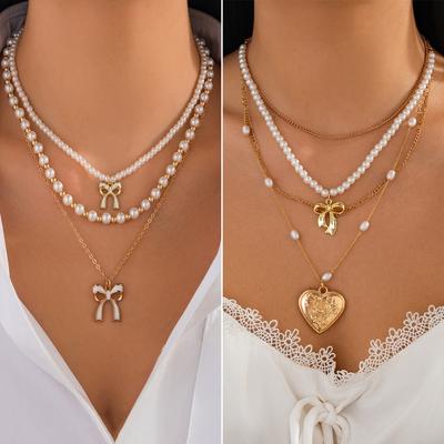3pcs Set Sweet Temperament Bowknot Heart Shaped Pendant Imitation Pearl Beads Fold Wear Necklace for Women Bride Wedding Jewelry
