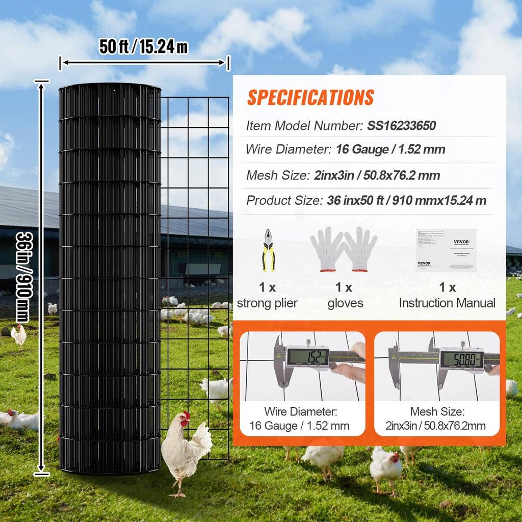 Hardware Cloth, 36'' X 50' Galvanized Wire Mesh Roll, 16 Gauge Chicken Wire Fence Roll, Vinyl Coating Metal Wire Mesh for Chicken Coop Barrier, Rabbit