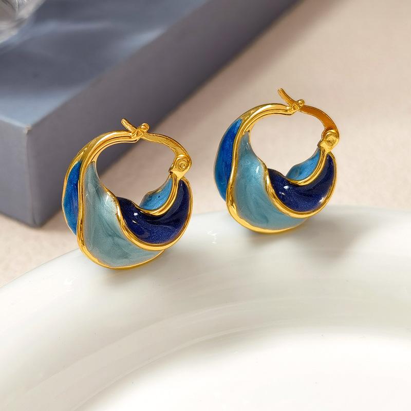 French vintage earring Breeze Blue with Enamel Oil Dropping Spiral Pattern Earrings for Women Party Birthday Custom Zircon Gift