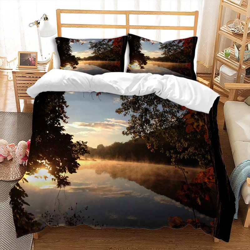 Mountain and Flowing Water Duvet Covers for Teens Adults Queen Quilt Cover with 2 Pillowcase Mountain River Bedding Set No Quilt