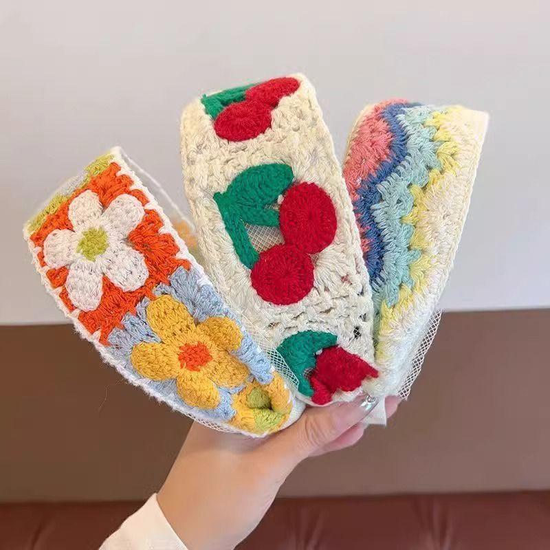 Children's sweet knitted embroidery wool flower headband girl finishing broken hair artifact wide edge headband hair accessories hairpin