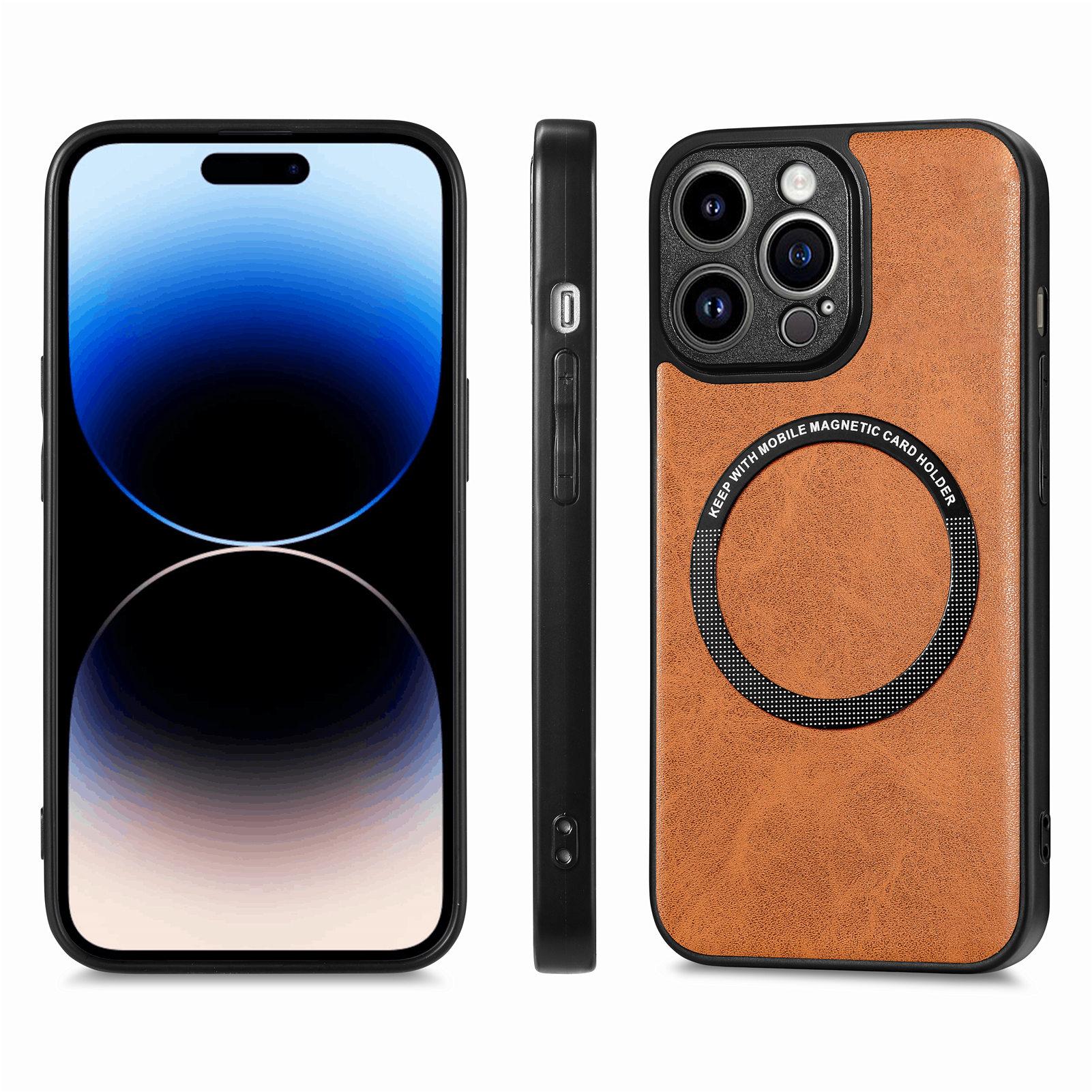 

For iPhone 15 Pro Max Magnetic Phone Case Compatible with MagSafe PU Leather Coated PC+TPU Cover Brown