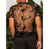 T-shirt da uomo estiva nuova con design floreale, floccata, girocollo, rete trasparente, manica corta sottile