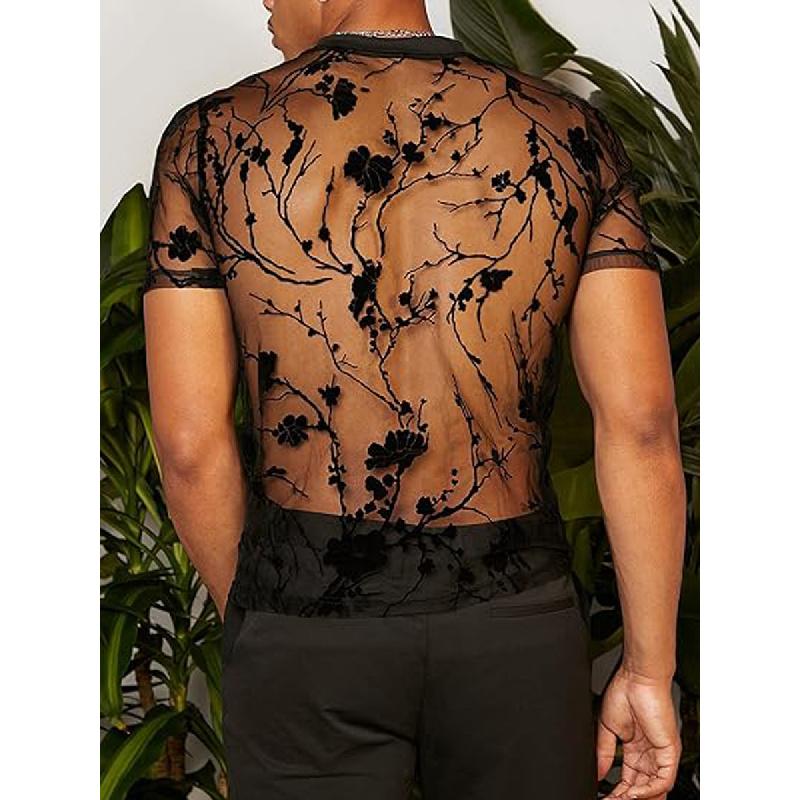T-shirt da uomo estiva nuova con design floreale, floccata, girocollo, rete trasparente, manica corta sottile
