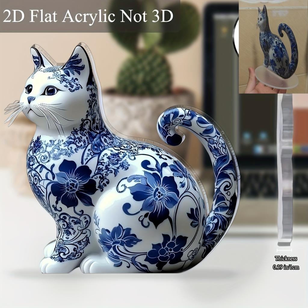 Elegante Blauw Witte Porseleinen Kat Acryl Bureau Decoratie, 2D Vlak Kunst Ontwerp, Boho Stijl voor Huis Kantoor Bar Cafe, Perfect Cadeau voor Kattenliefhebbers, Valentijn