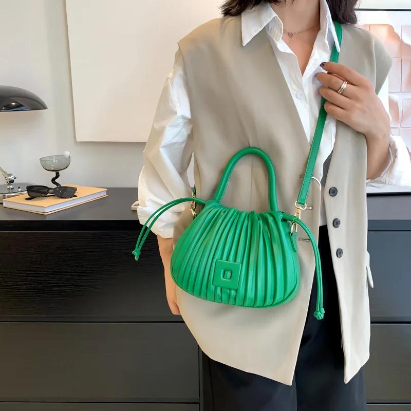 Plissé PU Bucket Bag for Women  Chic Design  Office Lady  Shoulder Messenger Bag  High Quality