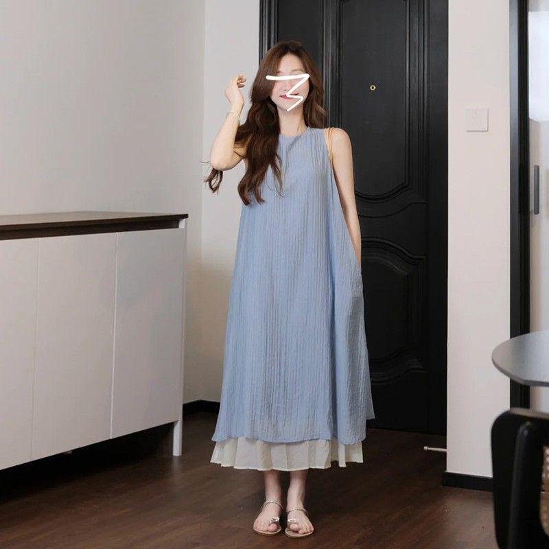 Women s Elegant French Stripe Textured Drape Dress - Summer Two-Piece Style, Loose and Slimming Long Skirt L
