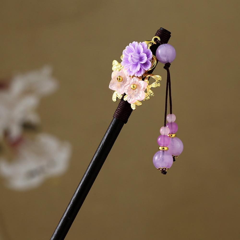 Decorative Chinese Style Flower Hair Sticks Handmade with Tassel Hair Chopsticks Retro Hair Fork Wooden Hairpin for Hanfu