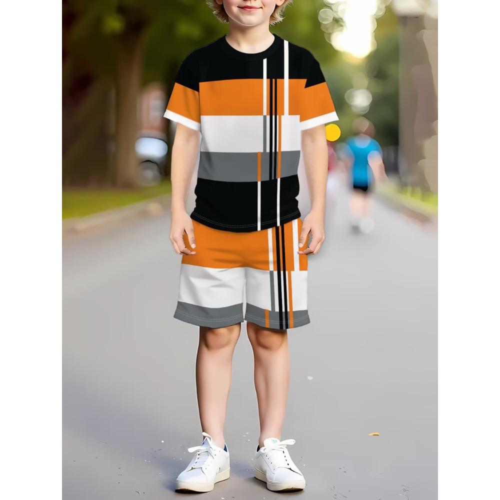 Boys Clothes Simple Striped 3D Printed Short Sleeve T-Shirt Sets Loose Casual Summer Outdoor Quick Drying Children's Clothing