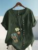 Women's Fashion Flower Print Round Neck Short Sleeve T-shirt Summer Casual Cotton Linen Graphic Shirt Leisure Loose Blouse Tops