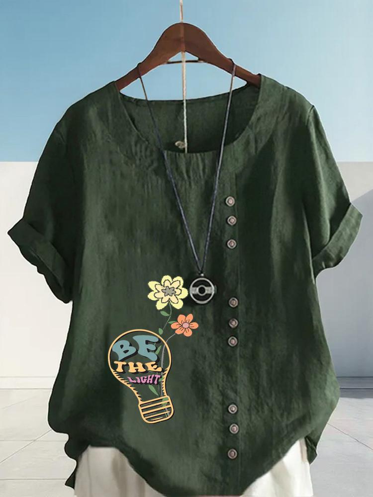 Women's Fashion Flower Print Round Neck Short Sleeve T-shirt Summer Casual Cotton Linen Graphic Shirt Leisure Loose Blouse Tops